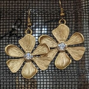 Antique Gold Finished  6 Petals Flower Earrings with Center Crystal Accents